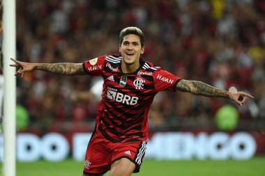 Rio de Janeiro, Brezilya, 14 Ağustos 2022. Futbolcu Pedro do flamengo takımı, Maracan Stadyumu 'ndaki Flamengo Athletico-PR maçında golünü kutluyor..
