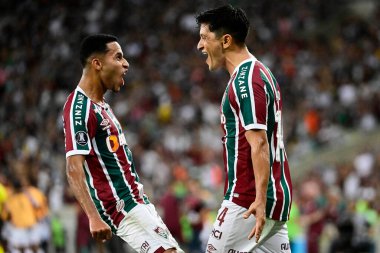 Fluminense 'nin Alman Kanosu, Brezilya' nın Rio de Janeiro kentindeki Maracana Stadyumu 'nda oynanan Copa Libertadores ile Brezilya Fluminense ve River Plate arasında oynanan grup maçında attığı golü kutluyor.