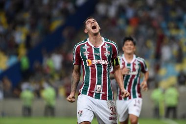 Rio de Janeiro, Brezilya, 18 Nisan 2023. Fluminense takımından futbolcu Nino, Maracan Stadyumu 'nda oynanan The Stonge maçında golünü kutluyor..
