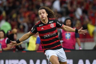Rio de Janeiro, Brezilya, 20 Haziran 2024. Futbolcu David Luiz, Brezilya 'nın Maracan Stadyumu' nda oynanan ve Flamengo ile Bahia arasında oynanan futbol maçında golünü kutluyor..