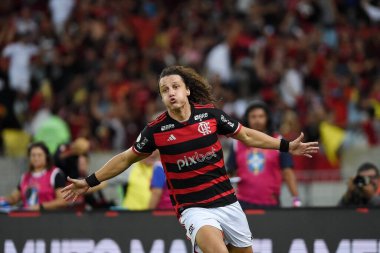 Rio de Janeiro, Brezilya, 20 Haziran 2024. Futbolcu David Luiz, Brezilya 'nın Maracan Stadyumu' nda oynanan ve Flamengo ile Bahia arasında oynanan futbol maçında golünü kutluyor..