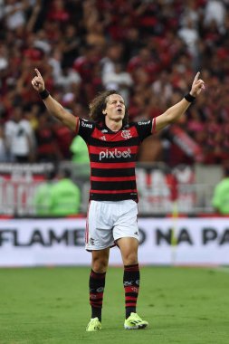 Rio de Janeiro, Brezilya, 20 Haziran 2024. Futbolcu David Luiz, Brezilya 'nın Maracan Stadyumu' nda oynanan ve Flamengo ile Bahia arasında oynanan futbol maçında golünü kutluyor..