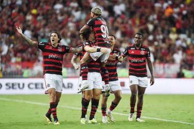 Rio de Janeiro, Brezilya, 20 Haziran 2024. Futbolcu David Luiz, Brezilya 'nın Maracan Stadyumu' nda oynanan ve Flamengo ile Bahia arasında oynanan futbol maçında golünü kutluyor..