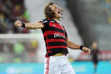 Rio de Janeiro, Brezilya, 20 Haziran 2024. Futbolcu David Luiz, Brezilya 'nın Maracan Stadyumu' nda oynanan ve Flamengo ile Bahia arasında oynanan futbol maçında golünü kutluyor..