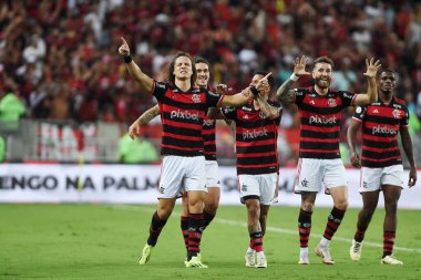 Rio de Janeiro, Brezilya, 20 Haziran 2024. Futbolcu David Luiz, Brezilya 'nın Maracan Stadyumu' nda oynanan ve Flamengo ile Bahia arasında oynanan futbol maçında golünü kutluyor..