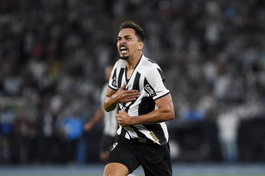 Rio de Janeiro, Brezilya, 26 Haziran 2024 Botafogo oyuncusu Eduardo, Brezilya Şampiyonası için Nilton Santos Stadyumu 'nda oynanan iç saha maçında golünü kutluyor..