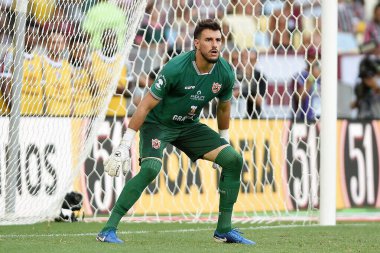 Rio de Janeiro, Brezilya, 16 Şubat 2025. Nova Iguau takımının kalecisi Lucas Maticolli, Fluminense 'ye karşı oynadığı 2025 Rio de Janeiro Eyalet Şampiyonası maçında Maracan Stadyumu' nda mücadele etti.