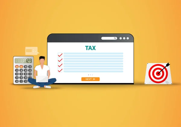 Business concept of online tax, business man is working on his laptop to check the list of tax and calculate for this physical year in a background of a big screen of web browser.