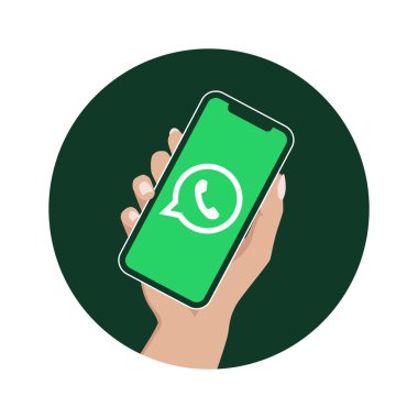 Elinde Whatsapp logosu olan akıllı bir telefon var. İletişim uygulaması. Yuvarlak tasarım, etiket tarzı. Web ya da yazdırma için vektör illüstrasyonu, grafik kaynağı. Rosario, Arjantin - 20 Mayıs 2023