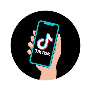 Ekranda Tik Tok logosu olan bir akıllı telefonu tutan. Sosyal medya uygulaması. Yuvarlak tasarım, etiket tarzı. Web ya da yazdırma için vektör illüstrasyonu, grafik kaynağı. Rosario, Arjantin - 20 Mayıs 2023