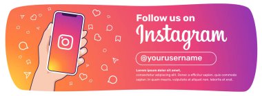 Instagram Bizi Takip Et web pankartı. Ekranda Instagram logosu olan akıllı telefonu tutan bir kadın eli. Vektör çizimi. Düz renkler. ROSARIO, ARJANTINA - 4 Nisan 2023