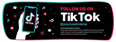 Bizi takip et web pankartı. Ekranda tik tok logosu olan akıllı telefonu tutan bir el. Vektör çizimi. Düz renkler. Rosario, Arjantin - 24 Mart 2023