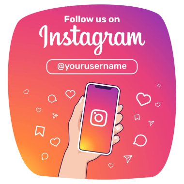 Bizi takip et web tasarımı. Ekranda Instagram logosu olan akıllı telefonu tutan bir kadın eli. Vektör çizimi. Düz renkler. ROSARIO, ARJANTINA - 2 Mart 2023.