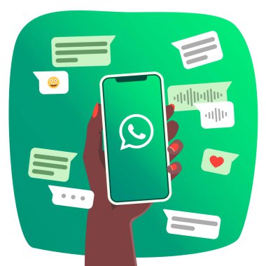 Ekranda Whatsapp logosu olan akıllı telefonu tutan kadının eli. İletişim elemanları. Vektör çizimi. Düz renkler. Rosario, Arjantin - 24 Mart 2023.