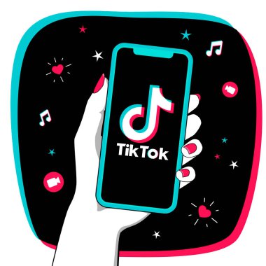 Ekranda Tiktok logosu olan akıllı telefonu tutan kadının eli. Eğlence kısa video sosyal ağı. Gençlik konseptiyle vektör illüstrasyonu. Düz renkler. Rosario, Arjantin - 31 Mart 2023.