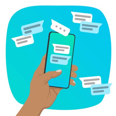 Ekranda sohbet konsepti olan akıllı telefonları tutan bir kadın eli. Vektör çizimi. Düz renkler.