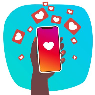 Akıllı telefon ekranında bir simge gibi el ele tutuşan bir kadın. Bir cep telefonunun etrafında bir sürü kalp var. Vektör çizimi. Düz renkler.