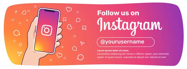 Instagram Bizi Takip Et web pankartı. Ekranda Instagram logosu olan akıllı telefonu tutan bir kadın eli. Vektör çizimi. Düz renkler. ROSARIO, ARJANTINA - 4 Nisan 2023