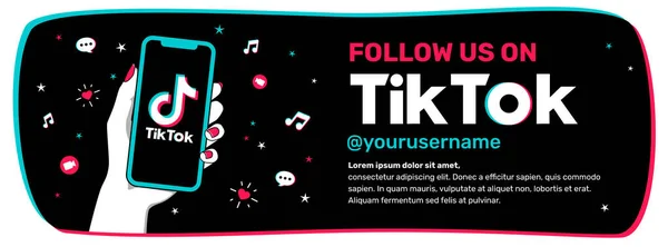 Bizi takip et web pankartı. Ekranda tik tok logosu olan akıllı telefonu tutan bir el. Vektör çizimi. Düz renkler. Rosario, Arjantin - 24 Mart 2023