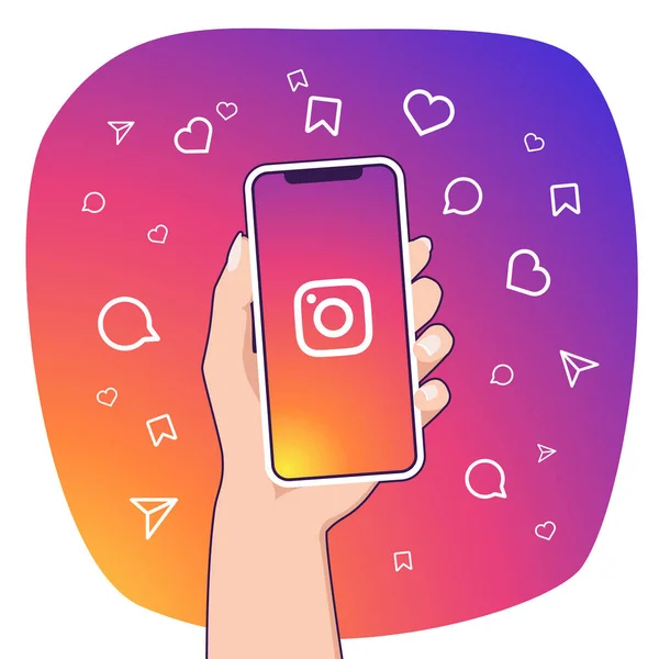 Hand Woman Holding Smartphone Instagram Logo Screen Vector Illustration Flat — Stock Vector