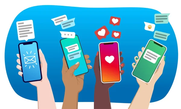 Molte Mani Che Tengono Smartphone Con Concetto Social Media — Vettoriale Stock