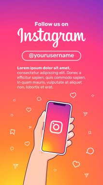 Instagram bizi takip et. Hikaye formatında web afişi 16: 9. Ekranda Instagram logosu olan akıllı telefonu tutan bir kadının eli. Vektör çizimi düz renkler. Rosario, Arjantin - 20 Mayıs 2023
