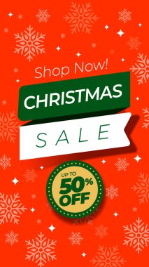 İndirimli metin ve kar içeren dikey formatta Noel indirimi afişi ya da afişi. Kış elementleri Alışveriş promosyon şablonu. Düzenlenebilir vektör illüstrasyonu.