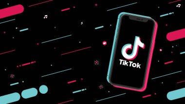 Ekran telefonundaki Tik Tok logosu koyu arkaplanda renkli çizgilerden oluşan modern bir desen. Vektör çizimi. Rosario, Arjantin - 29 Eylül 2023.