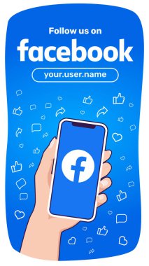 Ekranda Facebook logosu olan akıllı telefonu tutuyorsun. Dikey format. Sosyal ağ. Çizilmiş emojilerle düz renklerde vektör illüstrasyonu. Rosario, Arjantin - 21 Kasım 2023