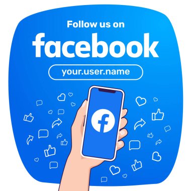Ekranda Facebook logosu olan akıllı telefonu tutan kadının eli. Sosyal ağ. Çizilmiş emojilerle düz renklerde vektör illüstrasyonu. Rosario, Arjantin - 21 Haziran 2023.
