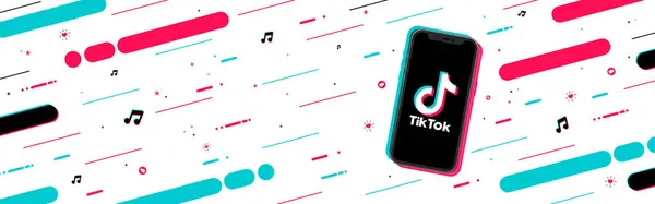 Kopyalama alanı olan Tik Tok afişi. Ekran telefonunda beyaz arka planda renkli çizgilerden oluşan modern bir desen var. Vektör çizimi. Rosario, Arjantin - 29 Eylül 2023.