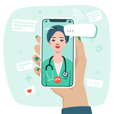 İnternetten bir doktora danışıyorum. Doktorla görüntülü görüşme. Çevrimiçi tıbbi hizmetler, danışmanlık ve teletıp konsepti. İlaç için cep telefonu uygulaması.