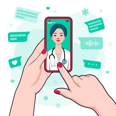 İnternetten bir doktora danışıyorum. Doktorla görüntülü görüşme. Çevrimiçi tıbbi hizmetler, danışmanlık ve teletıp konsepti. İlaç için cep telefonu uygulaması.