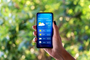 Dışarıdaki kadın cep telefonundaki bir uygulamadan hava tahminini kontrol ediyor..