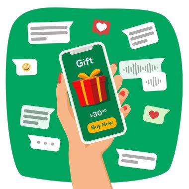 Ekranda hediye kutusu olan cep telefonunu gösteren bir el. İnternet alışveriş arabası. İnternetten hediye alma kavramı. Görüntü, vektör.