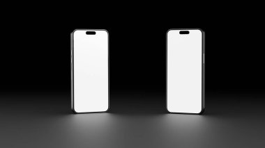 Model olarak iki cep telefonunun üç boyutlu çizimi. Akıllı telefon çerçevesi boş ekranı siyah arkaplanda izole edildi. Işık arkaplanı modeli için. Markanızı ya da sunumunuzu yerleştirmek için şablon.