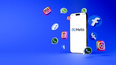 Meta cep telefonu ekranında. Meta logotini ve WhatsApp, Facebook ve Instagram gibi diğer markaları gösteren iPhone. Reklam konsepti, evlat. Akıllı telefon. Rosario, Arjantin - 31 Mayıs 2025.