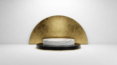 Yüksek çözünürlüklü. Platformun mermer ve altın kaldırımları. Altın ve beyaz arka planda lüks kürsüsü var. Boş sergi sahne arkası ya da boş ürün rafı. 3B görüntüleme.