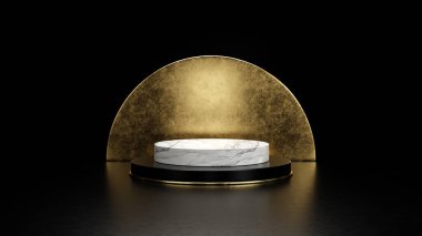 Platformun mermer ve altın kaldırımları. Altın ve siyah arka planda lüks kürsüsü var. Boş sergi sahne arkası ya da boş ürün rafı. 3D görüntüleme .8k Yüksek çözünürlük.