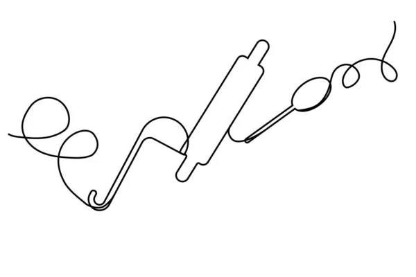 Ladle Rolling Pin Line Kitchen Utensils Line Vector Illustration Stock — Stock Vector