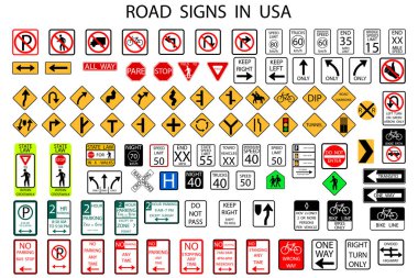 Amerikan usulü yol işaretleri. Yolculuk. Vektör çizimi. Hisse senedi. EPS 10.