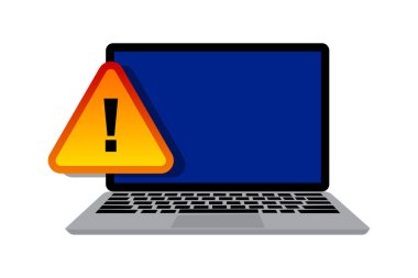 Dizüstü bilgisayar üçgeni ünlem işareti. İnternet ağı. Dijital teknoloji geçmişi. Vektör çizimi. Hisse senedi. EPS 10.