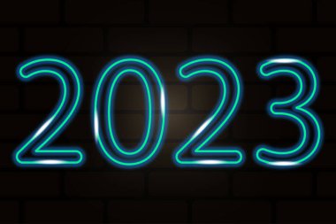 Kutlama tasarımı için 3D 2023 neon. Dijital iş. Vektör çizimi. Hisse senedi. EPS 10.