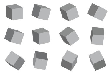 Gri küplerle 3 boyutlu set. Geometrik arkaplan. Soyut tarzda gri küpler. Vektör çizimi. Hisse senedi. EPS 10.