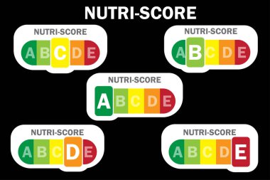 colorful packaging with nutri score. Set of different highlighted letters.Vector illustration. EPS 10.