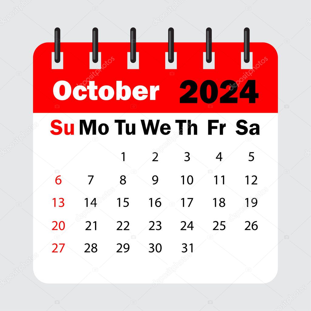 primavera de hoja de calendario rojo. Octubre 2024 calendario. Hoja de