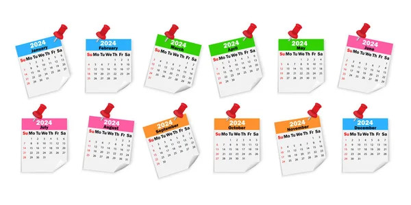 Kalenderblätter 2024 Auf Nadeln Verschiedene Monate Des Kalenders Mehrfarbige Kalenderblätter — Stockvektor