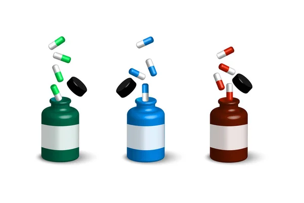 Pillole Cadono Bottiglie Vettore Realistico Illustrazione Vettoriale Eps — Vettoriale Stock