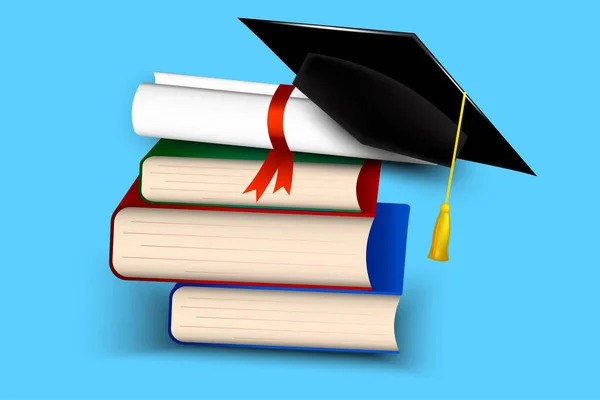 Banner Saludo Para Diseño Graduación Gorra Graduación Libros Pergamino Graduación — Vector de stock
