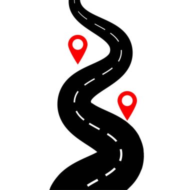 Beyaz İzole Arkaplanda Dolambaçlı Yol. Yol konumu bilgi şablonu ve pin işaretleyicisi. Vektör çizimi. EPS 10.